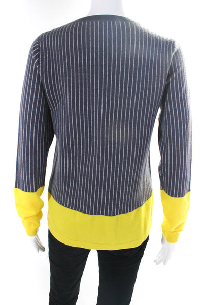 Lisa Perry Womens Pinstriped Crew Neck Merino Wool Sweater Gray Yellow Medium