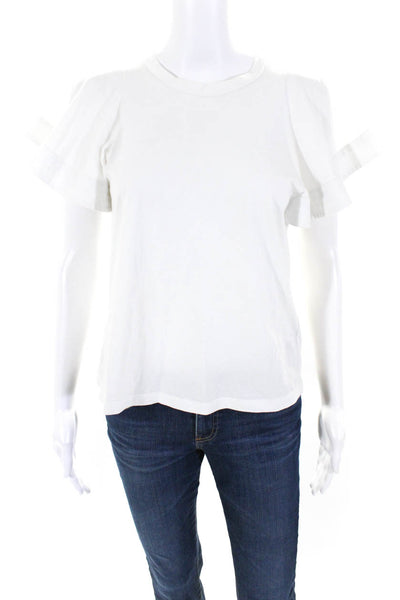 A.L.C. Womens Cotton Round Neck Short Ruffle Sleeve T-Shirt Top White Size XS