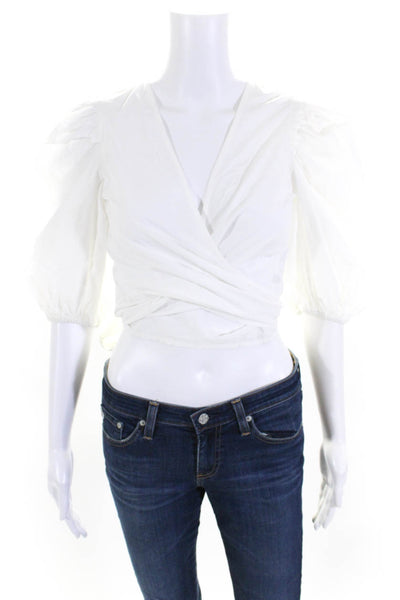 Ganni Womens Cotton V-Neck Short Sleeve Tie Close Wrap Blouse Top White Size 34