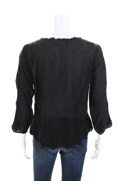 Velvet Womens Cotton Blend Embroidered Long Sleeve Blouse Top Black Size M