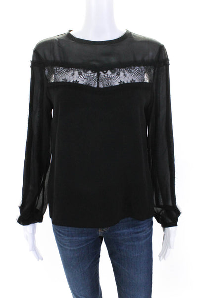 Intermix Womens Sheer Silk Round Neck Long Sleeve Blouse Top Black Size S