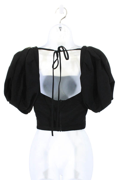 Self-Portrait Womens Square Neck Short Sleeve Zip Up Blouse Top Black Size 2