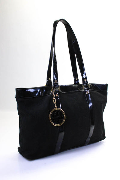 Tory Burch Womens Double Handle Patent Trim Large Tote Handbag Black Canvas