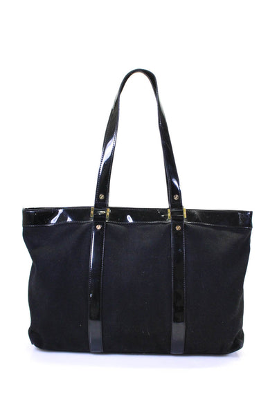 Tory Burch Womens Double Handle Patent Trim Large Tote Handbag Black Canvas