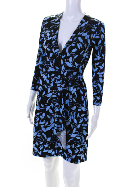 BCBGMAXAZRIA Womens 3/4 Sleeve V Neck Leaf Printed Wrap Dress Blue Size XS