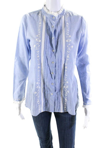 Pink City Print Womens Embroidered Floral High Neck Button Up Blouse Blue Small