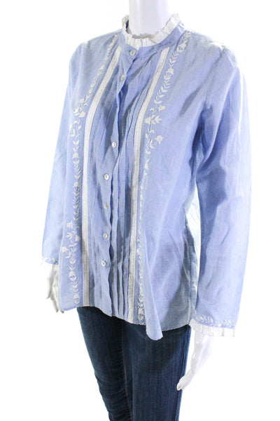 Pink City Print Womens Embroidered Floral High Neck Button Up Blouse Blue Small