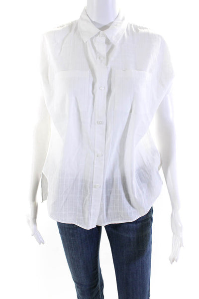 NYDJ Womens Sheer Grid Short Sleeve Button Up Shirt Blouse White Size XXS