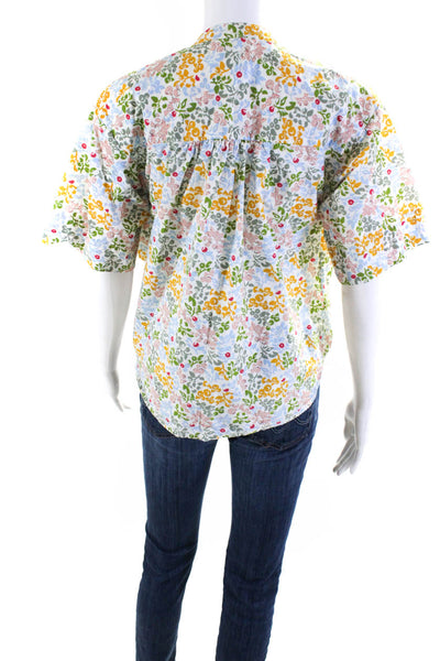 Apiece Apart Womens Cotton Floral V-Neck Short Sleeve Blouse Multicolor Size XS