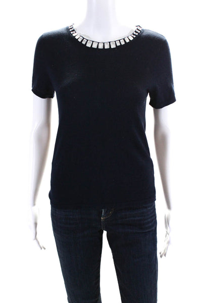 Magaschoni Women's Silk Beaded Collar Short Sleeve Blouse Blue Size S