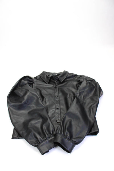 Zara Women's Collar 3/4 Sleeves Button Up Faux Leather Shirt Black Size XS Lot 2