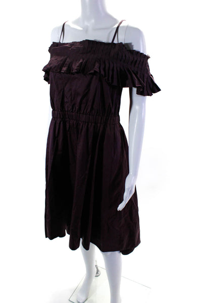 Tibi Women's Pleated Off Shoulder A-line Midi Dress Plum Size 8