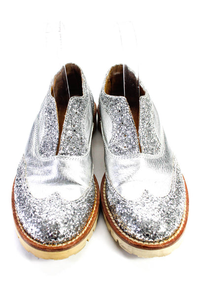 L'F Shoes Womens Glitter Wing Tip Lace Up Low Heeled Oxfords Silver Tone Size 6