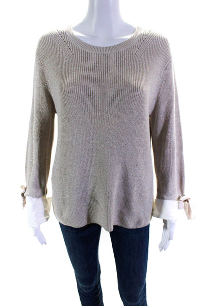 Luisa Cerano Womens Metallic Cuffed Long Sleeved Sweater Beige White Size 6