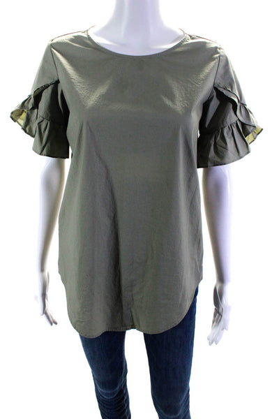 Twinset Womens Ruffled Short Sleeved Round Neck Relaxed Fit Blouse Green Size M