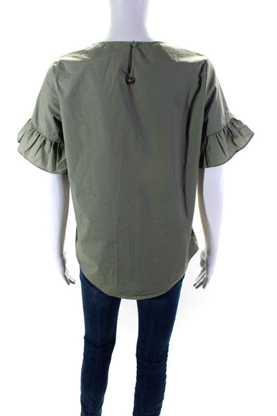 Twinset Womens Ruffled Short Sleeved Round Neck Relaxed Fit Blouse Green Size M