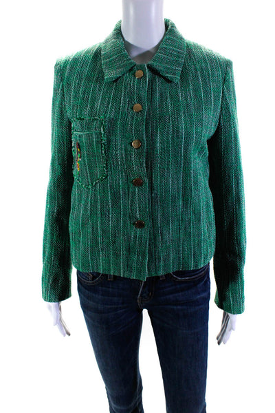Sandro Paris Womens Woven Striped Long Sleeved Buttoned Jacket Green Size 38