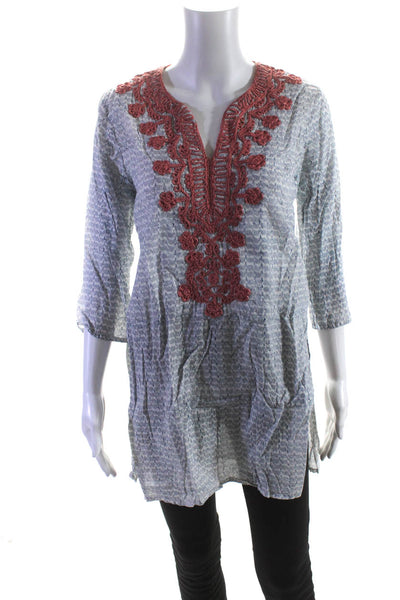 Roller Rabbit Womens White Printed Cotton V-Neck Tunic Blouse Top Size S