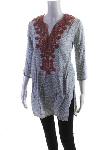 Roller Rabbit Womens White Printed Cotton V-Neck Tunic Blouse Top Size S