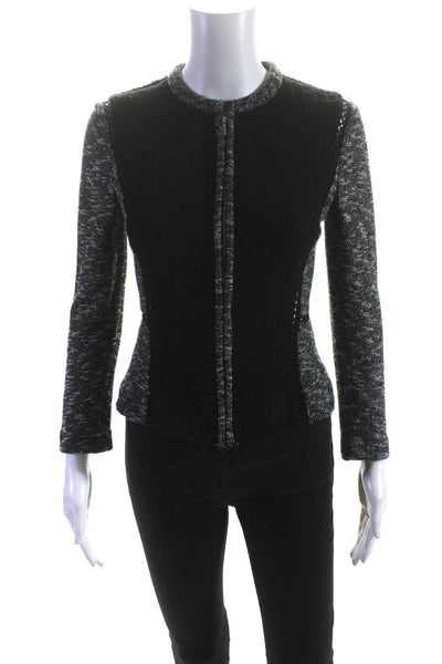 Rebecca Taylor Womens Black Textured Full Zip Crew Neck Long Sleeve Jacket Size2