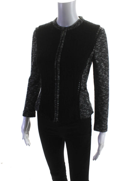 Rebecca Taylor Womens Black Textured Full Zip Crew Neck Long Sleeve Jacket Size2