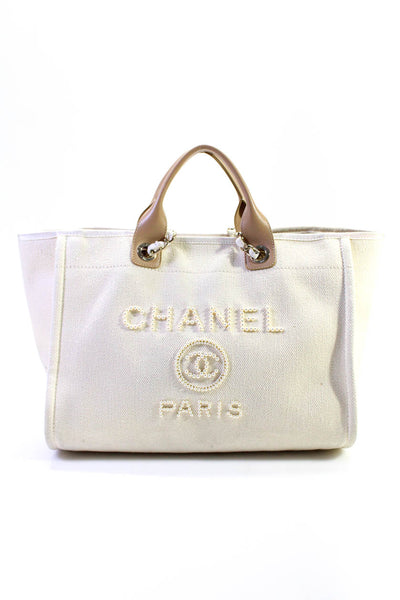 Chanel Womens Pearl Chain Link Deauville Tote Large Shoulder Handbag White