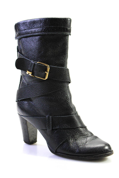 Chloe Womens Leather Crinkled Wrap Around Mid-Calf Boots Black Size 7.5US 37.5EU