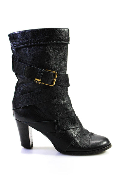Chloe Womens Leather Crinkled Wrap Around Mid-Calf Boots Black Size 7.5US 37.5EU