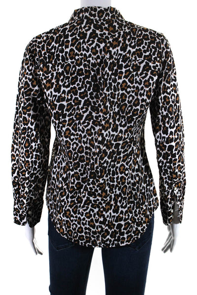 J Crew Womens Leopard Print Slim Fit Button Down Shirt Top White Brown Size 4P