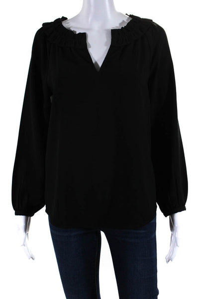 J Crew Womens Crepe Ruffled Round Neck Long Sleeve Blouse Top Black Size 2XS