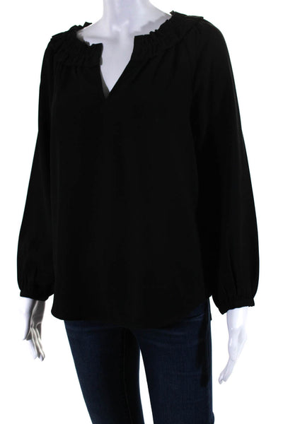 J Crew Womens Crepe Ruffled Round Neck Long Sleeve Blouse Top Black Size 2XS