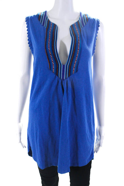 Leallo Womens Cotton Woven Sleeveless V-Neck Tunic Blouse Top Blue Size Small
