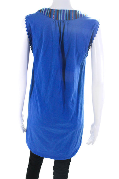 Leallo Womens Cotton Woven Sleeveless V-Neck Tunic Blouse Top Blue Size Small