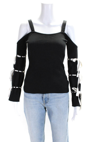 Intermix Womens Silk Accordion Knit Cold Shoulder Long Sleeve Top Black Size S