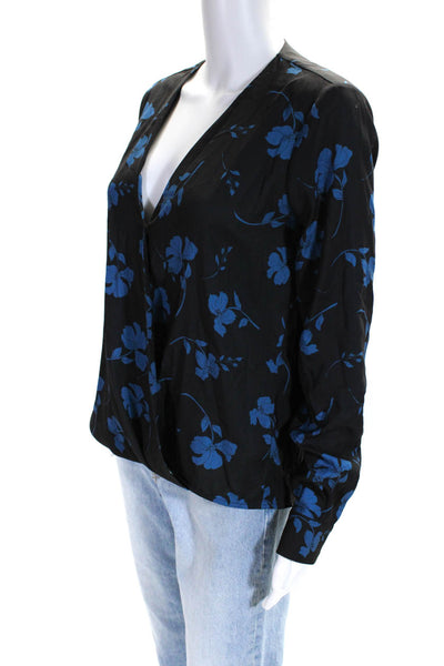 Parker Womens Floral Print Long Sleeve V-Neck Wrap Blouse Top Black Blue Size S