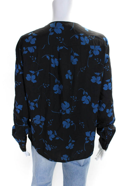 Parker Womens Floral Print Long Sleeve V-Neck Wrap Blouse Top Black Blue Size S