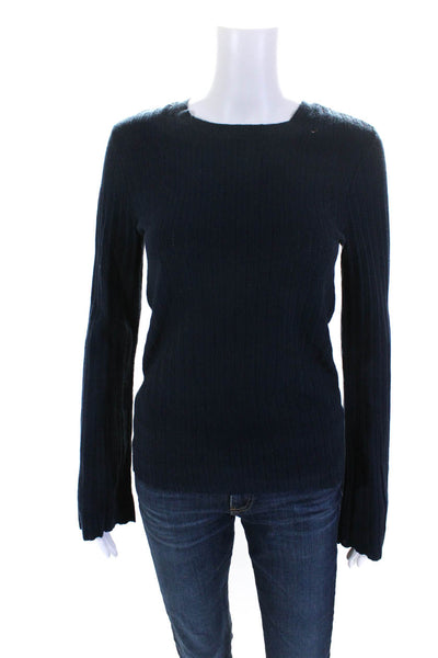 Frame Womens Wide Rib Flared Sleeve Crew Neck Sweater Navy Blue Size Small