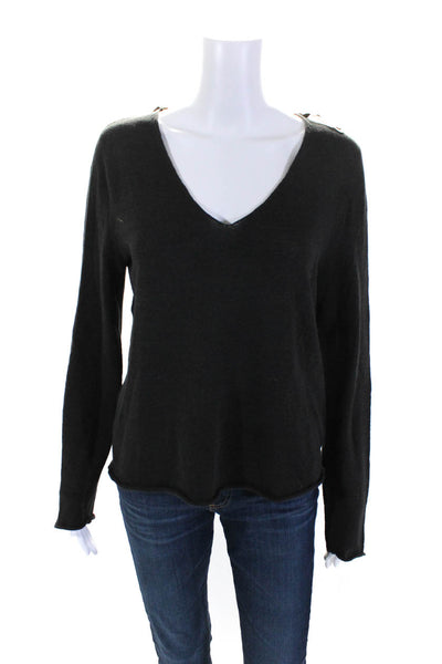 Annette Gortz Womens Leather Trim V Neck Pullover Sweater Gray Linen Size Small