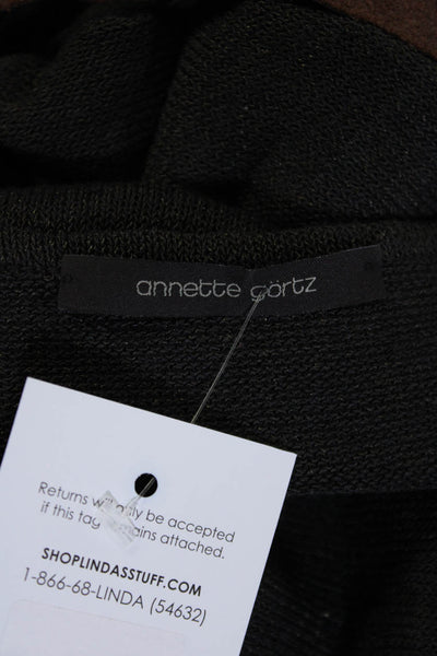 Annette Gortz Womens Leather Trim V Neck Pullover Sweater Gray Linen Size Small