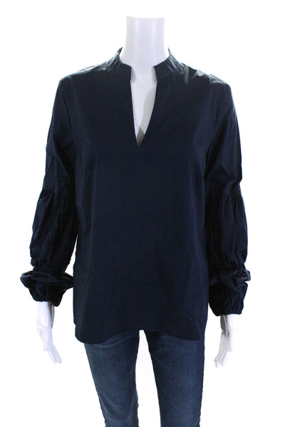 Jane & Delancey Womens Long Bell Sleeve Y Neck Top Blouse Navy Blue Size Medium