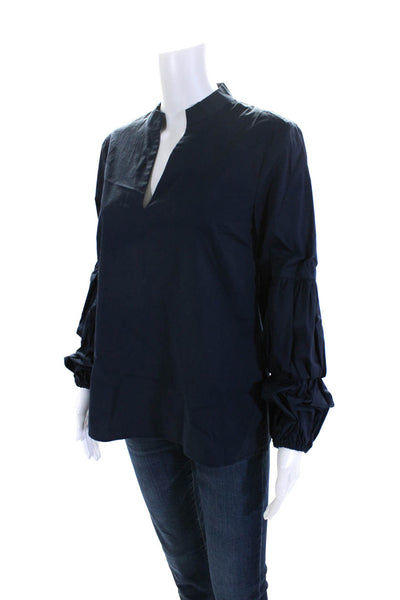 Jane & Delancey Womens Long Bell Sleeve Y Neck Top Blouse Navy Blue Size Medium