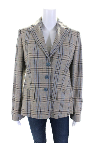 Les Copains Womens Woven Plaid Three Button Blazer Jacket Beige Blue Size IT 44