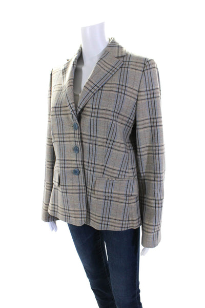 Les Copains Womens Woven Plaid Three Button Blazer Jacket Beige Blue Size IT 44