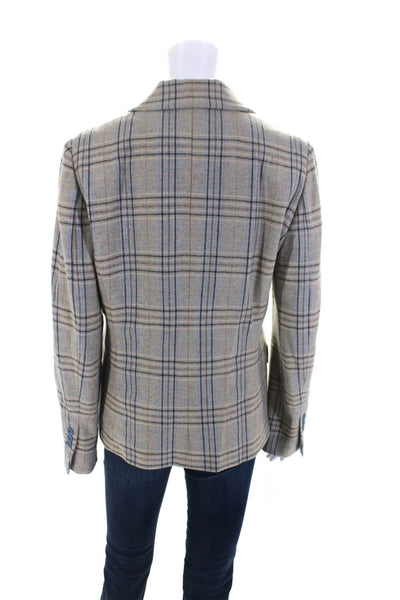 Les Copains Womens Woven Plaid Three Button Blazer Jacket Beige Blue Size IT 44