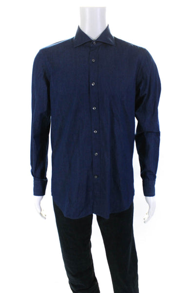 Tods Mens Blue Chambray Collar Long Sleeve Button Down Dress Shirt Size 16