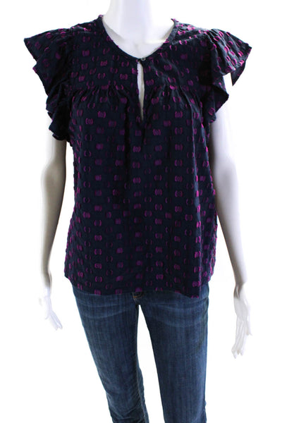 Ulla Johnson Womens Cotton Spotted Textured Short Sleeve Blouse Purple Size S