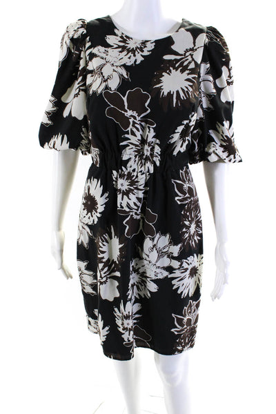 Drew Womens Woven Floral Puff Short Sleeve A-Line Knee Length Dress Black Size S