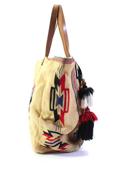 Star Mela Woven Linen Aztec Print Double Handle Tote Shoulder Handbag Yellow