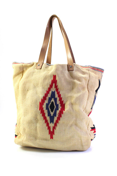 Star Mela Woven Linen Aztec Print Double Handle Tote Shoulder Handbag Yellow