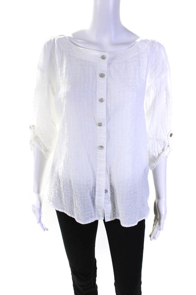 Eileen Fisher Womens Button Front Half Sleeve Scoop Neck Shirt White Size Small